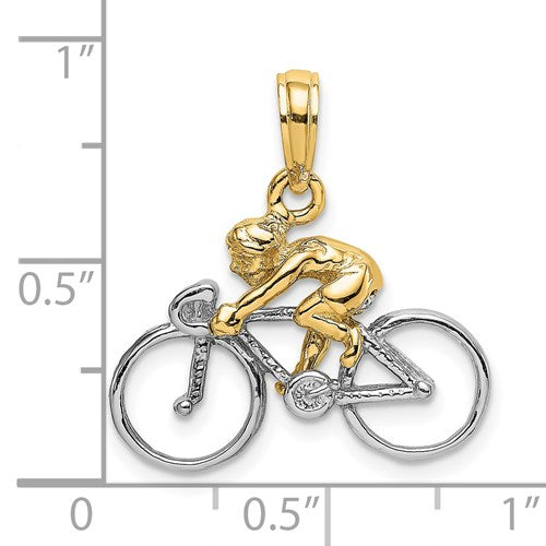 14k Yellow Gold with Rhodium Bicycle with Rider Cyclist 3D Pendant Charm