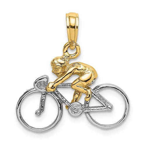 14k Yellow Gold with Rhodium Bicycle with Rider Cyclist 3D Pendant Charm