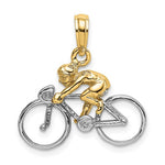 將圖片載入圖庫檢視器 14k Yellow Gold with Rhodium Bicycle with Rider Cyclist 3D Pendant Charm
