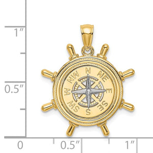 14k Gold Two Tone Ship Wheel Nautical Compass Medallion Pendant Charm