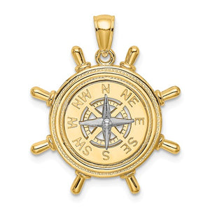 14k Gold Two Tone Ship Wheel Nautical Compass Medallion Pendant Charm