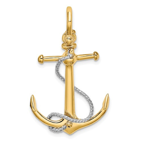 14k Yellow 14k White Gold Anchor Rope T Bar Shackle Bail 3D Pendant Charm