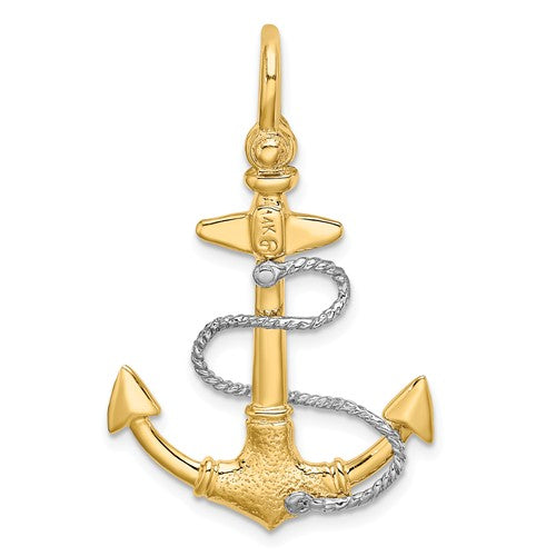 14k Yellow 14k White Gold Two Tone Anchor Shackle Rope 3D Pendant Charm