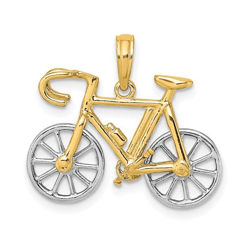 14k Yellow White Gold Two Tone Ten Speed Bicycle 3D Moveable Pendant Charm