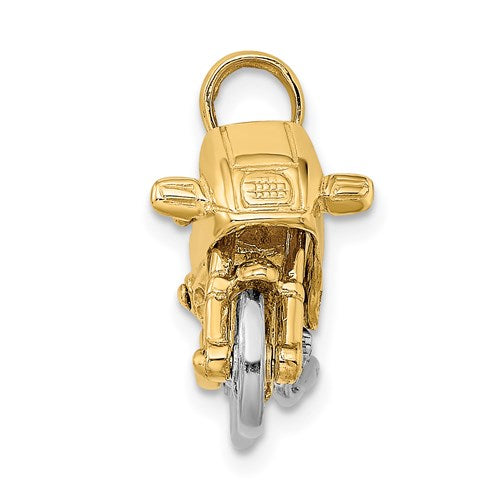 14k Yellow White Gold Two Tone Motorcycle 3D Moveable Pendant Charm
