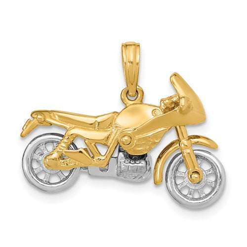 14k Yellow White Gold Two Tone Motorcycle 3D Moveable Pendant Charm