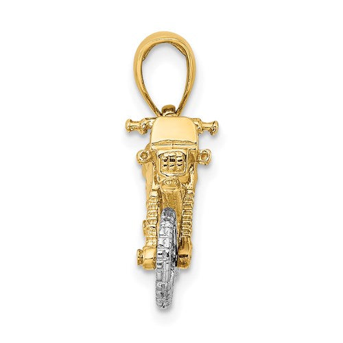14k Yellow White Gold Two Tone Dirt Bike Motorcycle 3D Moveable Pendant Charm