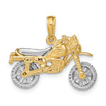 Indlæs billede til gallerivisning 14k Yellow White Gold Two Tone Dirt Bike Motorcycle 3D Moveable Pendant Charm
