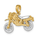 Indlæs billede til gallerivisning 14k Yellow White Gold Two Tone Dirt Bike Motorcycle 3D Moveable Pendant Charm
