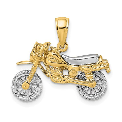 14k Yellow White Gold Two Tone Dirt Bike Motorcycle 3D Moveable Pendant Charm