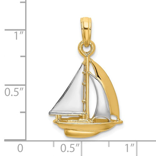 14k Yellow Gold Rhodium Sailboat Sailing 3D Pendant Charm