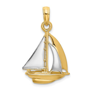 14k Yellow Gold Rhodium Sailboat Sailing 3D Pendant Charm