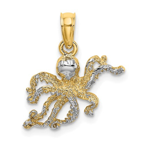 14k Yellow Gold and Rhodium Octopus Pendant Charm