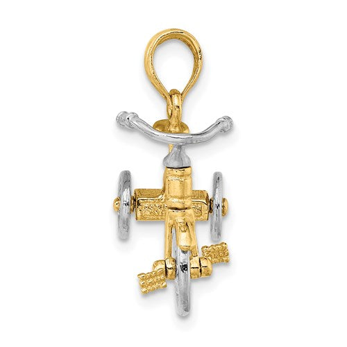14k Yellow White Gold Two Tone Tricycle 3D Moveable Pendant Charm