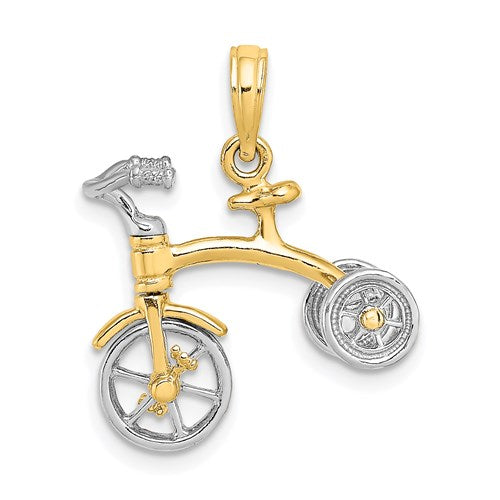 14k Yellow White Gold Two Tone Tricycle 3D Moveable Pendant Charm