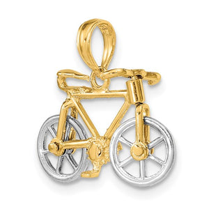 14k Yellow White Gold Two Tone Bicycle 3D Moveable Pendant Charm