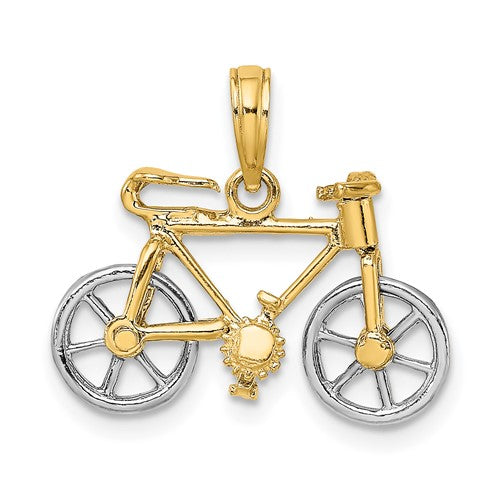 14k Yellow White Gold Two Tone Bicycle 3D Moveable Pendant Charm