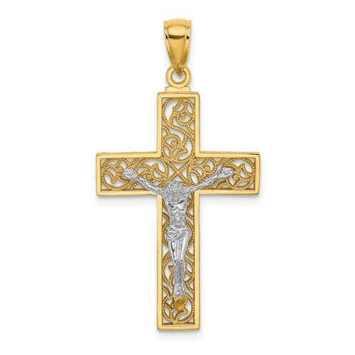 14k Yellow White Gold Two Tone Cross Crucifix Filigree Pendant Charm