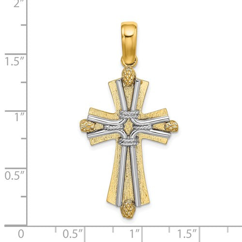 14k Gold Yellow Gold and Rhodium Two Tone Cross Rope Pendant Charm