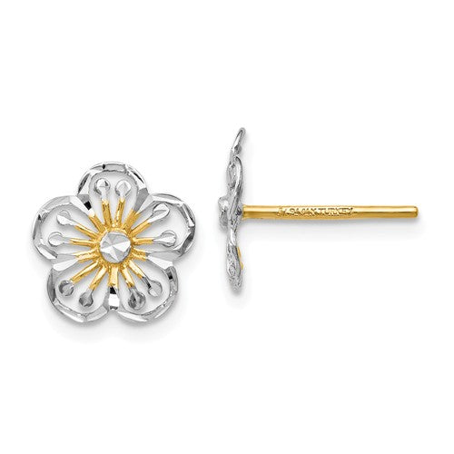 14k Yellow Gold and Rhodium Flower Stud Post Earrings