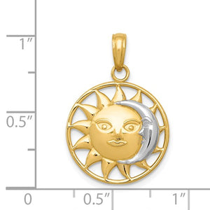 14k Yellow Gold and Rhodium Sun Moon Celestial Pendant Charm