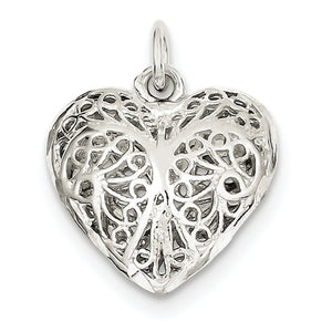 Sterling Silver Puffy Filigree Heart 3D Pendant Charm