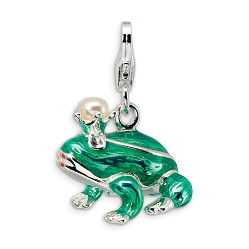 Amore La Vita Sterling Silver Enamel Pearl Frog 3D Charm