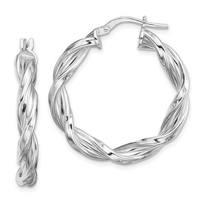 Sterling Silver Rhodium Plated Twisted Round Hoop Earrings 28mm x 4mm