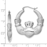 Load image into Gallery viewer, Sterling Silver Rhodium Plated Satin Finish Claddagh Hoop Earrings 28mm
