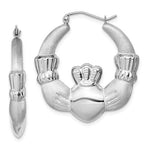 Indlæs billede til gallerivisning Sterling Silver Rhodium Plated Satin Finish Claddagh Hoop Earrings 28mm
