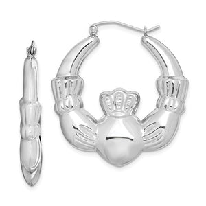 Sterling Silver Rhodium Plated Claddagh Hoop Earrings 30mm