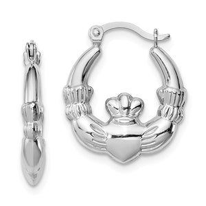 Sterling Silver Rhodium Plated Claddagh Hoop Earrings 15mm