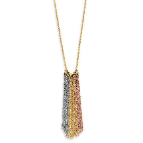 14k Yellow Rose White Gold Tri Color Fringe Tassel Chains Dangle Necklace