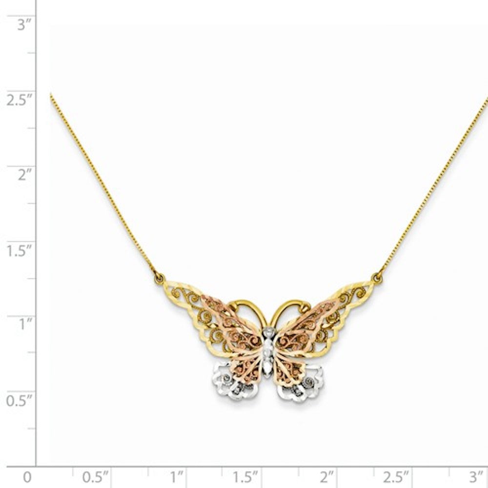 14k Gold Tri Color Butterfly Necklace 17 inches