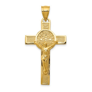 14K Yellow Gold Crucifix St Benedict Cross 2 Sided Pendant Charm