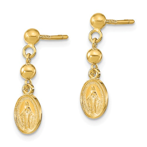 14k Yellow Gold Blessed Virgin Mary Miraculous Medal Dangle Earrings