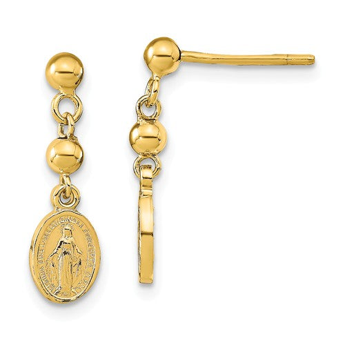 14k Yellow Gold Blessed Virgin Mary Miraculous Medal Dangle Earrings