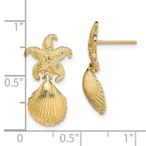 14k Yellow Gold Seashell Starfish Clam Scallop Shell Dangle Earrings
