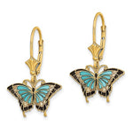 Lataa kuva Galleria-katseluun, 14k Yellow Gold Enamel Blue Butterfly Leverback Dangle Earrings
