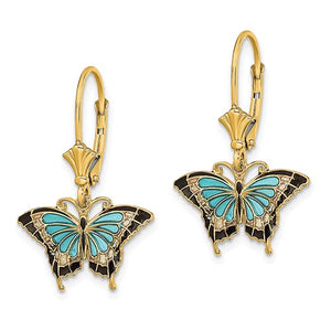 14k Yellow Gold Enamel Blue Butterfly Leverback Dangle Earrings
