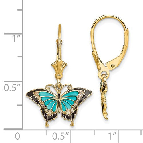 14k Yellow Gold Enamel Blue Butterfly Leverback Dangle Earrings