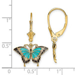 Cargar imagen en el visor de la galería, 14k Yellow Gold Enamel Blue Butterfly Leverback Dangle Earrings
