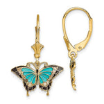 Cargar imagen en el visor de la galería, 14k Yellow Gold Enamel Blue Butterfly Leverback Dangle Earrings
