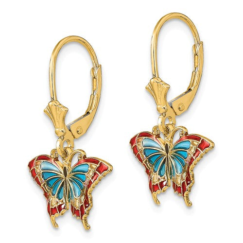 14k yellow gold enamel butterfly colorful leverback dangle earrings