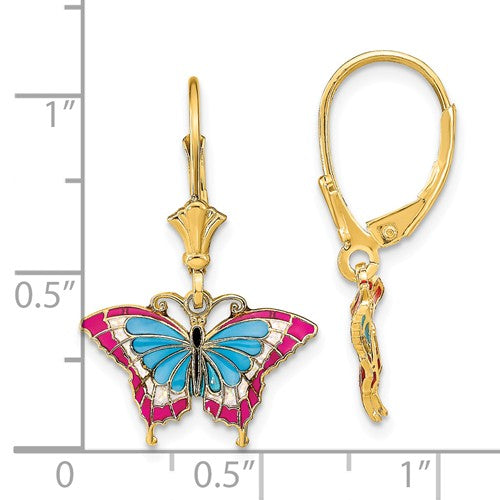 14k yellow gold enamel butterfly colorful leverback dangle earrings
