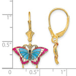 Load image into Gallery viewer, 14k Yellow Gold Enamel Butterfly Colorful Leverback Dangle Earrings
