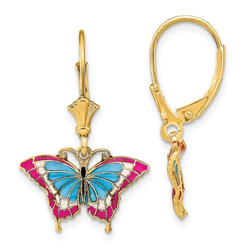 14k Yellow Gold Enamel Butterfly Colorful Leverback Dangle Earrings