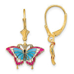 Загрузить изображение в средство просмотра галереи, 14k Yellow Gold Enamel Butterfly Colorful Leverback Dangle Earrings
