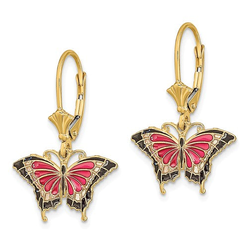 14k Yellow Gold Enamel Butterfly Leverback Dangle Earrings