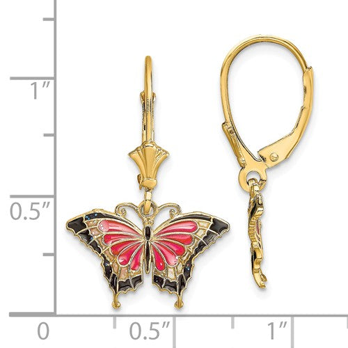 14k Yellow Gold Enamel Butterfly Leverback Dangle Earrings